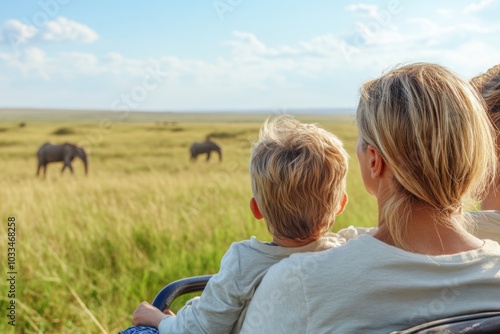 Family safari adventure watching animals in the savanna photo