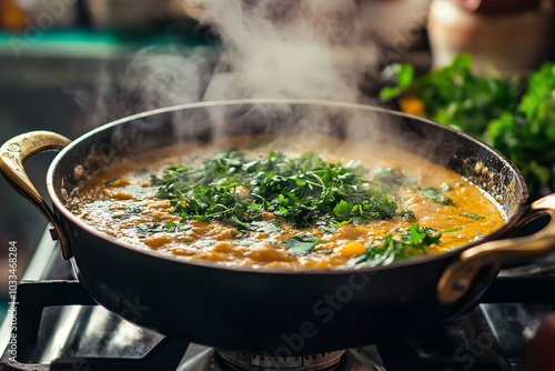 Traditional Spicy Indian Curry Simmering on Stove 