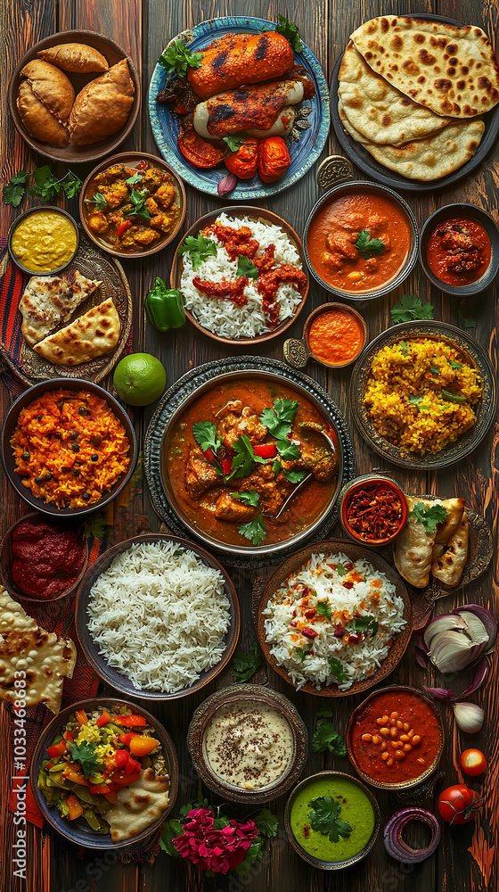 Vibrant and Colorful Indian Cuisine Spread with Traditional Dishes Vibrant and Colorful Indian Cuisine Spread with Traditional Dishes