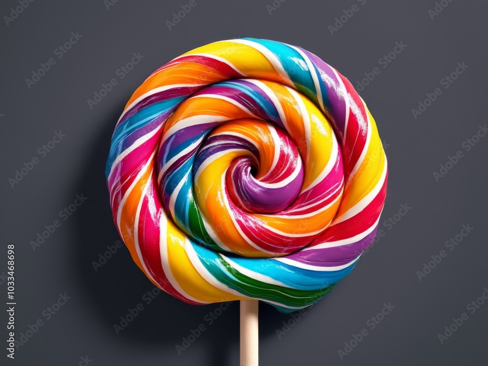 Bright rainbow spiral lollipop on a dark gray background, vibrant candy with multicolored swirls in a simple setting Bright rainbow spiral lollipop on a dark gray background, vibrant candy with multicolored swirls in a simple setting