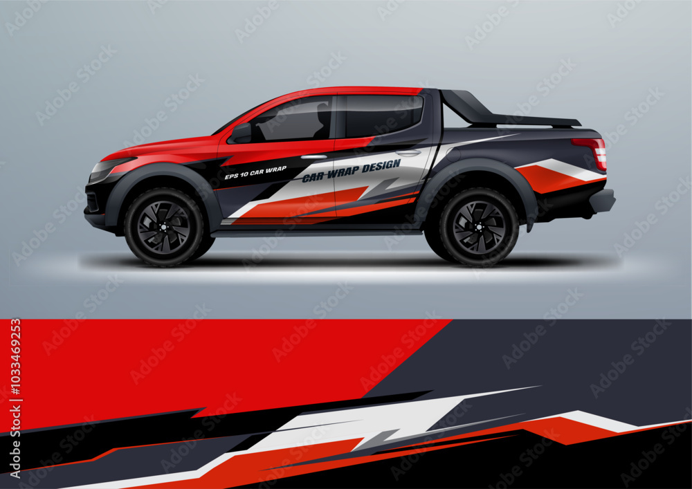 sporty car truck double cabin branding touch of red mockup with racing wrap decal or livery design. sporty car truck double cabin branding touch of red mockup with racing wrap decal or livery design.