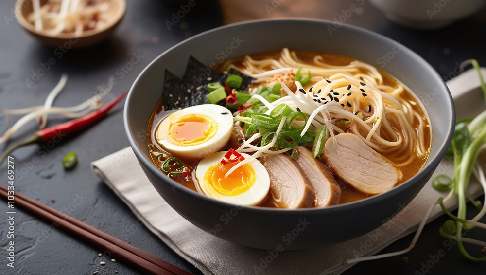 Delicious Bowl of Ramen, Japanese Noodles Soup of Asian Cuisine Delicious Bowl of Ramen, Japanese Noodles Soup of Asian Cuisine