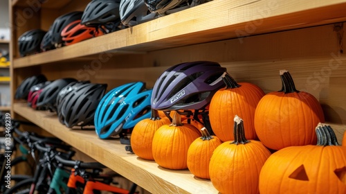 Bike helmets in the bike shop and pumpkin, Thanksgiving special offer on bike equipment photo