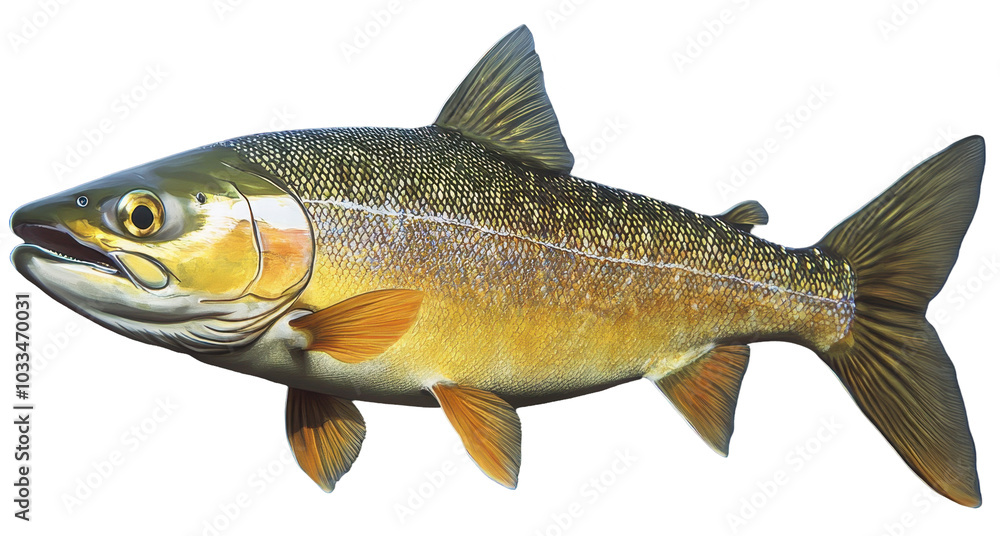 Lake salmon fish illustration with golden scales, isolated on transparent background. Lake salmon fish illustration with golden scales, isolated on transparent background.
