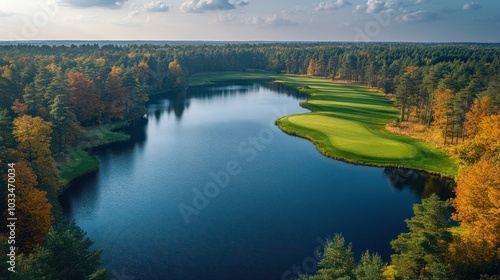 Aerial view of a golf course with a lake in the middle, surrounded by trees in autumn colors.