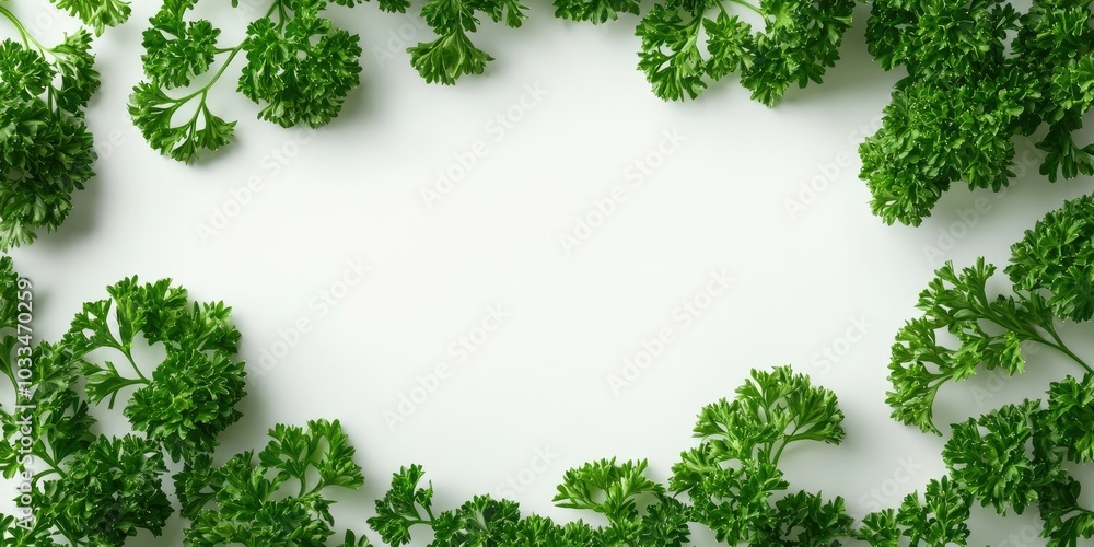 Greenery. Curled parsley sprigs on a white background. Macro image. Long header banner layout. Panoramic website header banner. High-quality photo. Greenery. Curled parsley sprigs on a white background. Macro image. Long header banner layout. Panoramic website header banner. High-quality photo.