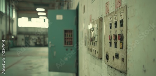 A panel cabinet for automating industrial processes, controlling heating, ventilation, air conditioning, and cooling. With copy space backdrop.