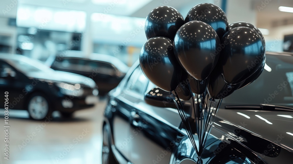 Black balloons and shiny paint on the hood of a new car at a car showroom, special Black Friday offer at a car showroom Black balloons and shiny paint on the hood of a new car at a car showroom, special Black Friday offer at a car showroom