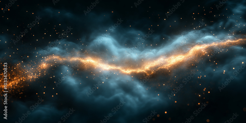 Obraz premium Illustration of glowing light beams on dark background, shining brightly in the vast space, surrounded by a deep universe background full of distant galaxies and glittering star dust. 
