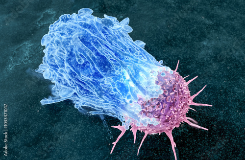 Macrophage attacking a cancer cell, illustration