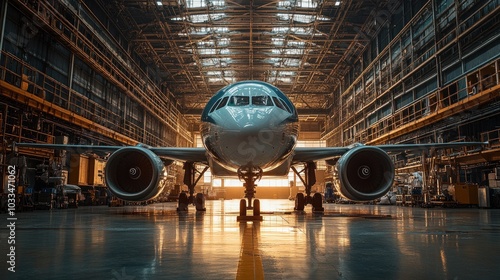 A commercial airplane sits inside a large hangar, facing the camera. The hangar is illuminated by natural light streaming through the large windows.