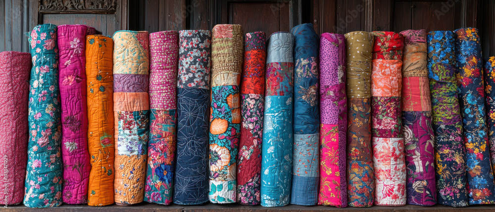 A vibrant display of colorful fabric rolls stacked neatly, showcasing various patterns and textures, perfect for crafting or fashion design. A vibrant display of colorful fabric rolls stacked neatly, showcasing various patterns and textures, perfect for crafting or fashion design.