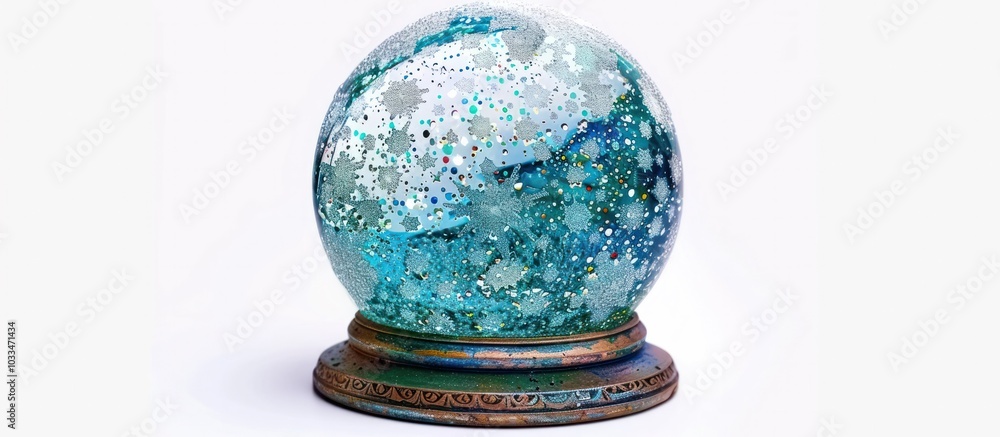Magical snowy glass sphere with sparkling glitter and twinkling lights on a wooden base creating a captivating and enchanting winter wonderland scene for holiday and themes Magical snowy glass sphere with sparkling glitter and twinkling lights on a wooden base creating a captivating and enchanting winter wonderland scene for holiday and themes