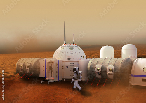 Astronaut near base on Mars, illustration photo