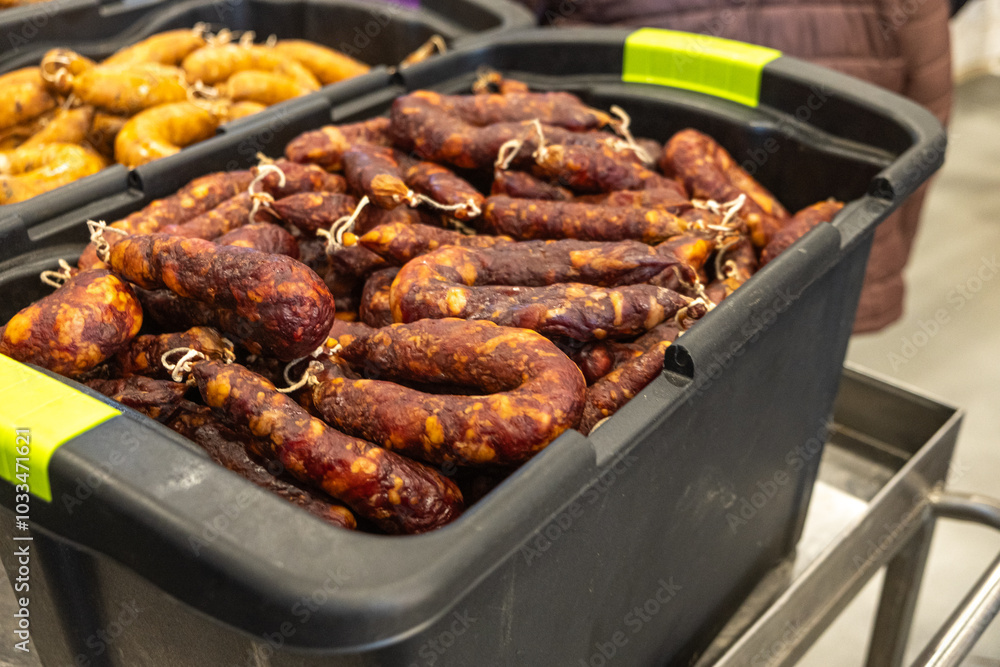 smoked pork sausages, traditional from the north of Portugal. Feira do Fumeiro event, Montalegre smoked pork sausages, traditional from the north of Portugal. Feira do Fumeiro event, Montalegre