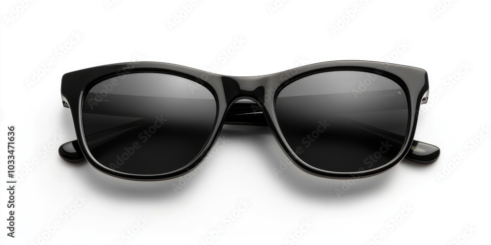 Fashion and healthcare concept. Dark sunglasses with a black plastic frame. Isolated on a white background, copyspace and clipping path. Fashion and healthcare concept. Dark sunglasses with a black plastic frame. Isolated on a white background, copyspace and clipping path.
