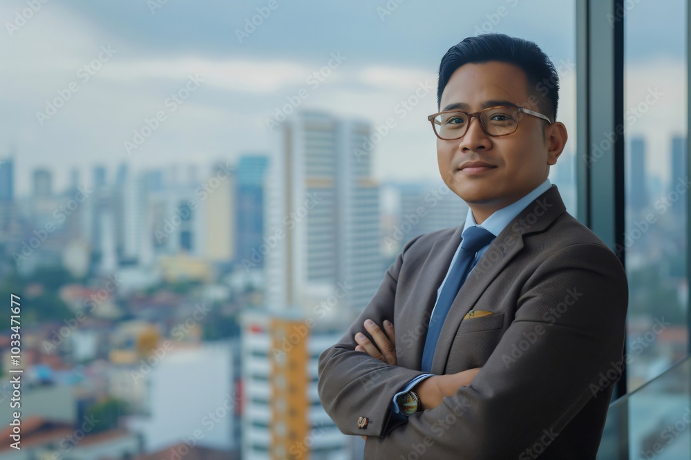 Businessman standing in an office building with his arms crossed, looking confident and successful Businessman standing in an office building with his arms crossed, looking confident and successful