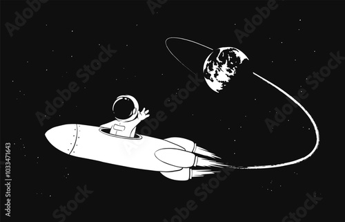 An astronaut in rocket flies from Earth orbit into outer space.Vector illustration