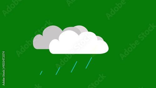 Lightning storm rain weather icon animation. Green screen background.