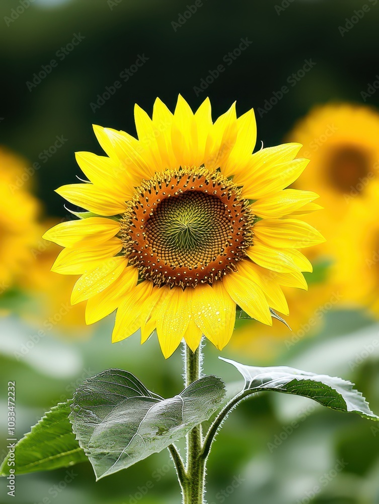 Fototapeta premium Sunflower field at dawn, dew-kissed petals radiating warmth and evoking serene morning feelings.