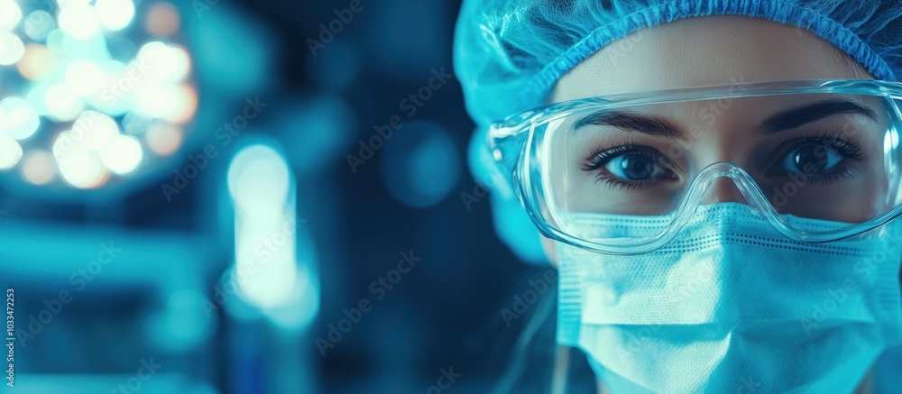 Surgeon wearing protective gear, focused expression, operating room background Surgeon wearing protective gear, focused expression, operating room background