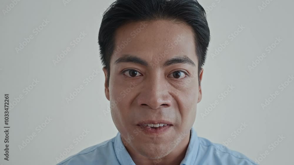 Close up shot of angry Asian man with dark eyes and hair expressing his emotion on camera isolated on white background Close up shot of angry Asian man with dark eyes and hair expressing his emotion on camera isolated on white background