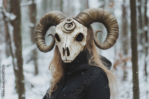 Person in black coat wearing ram skull mask in snowy forest. Mysterious winter concept. photo