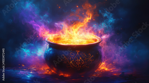 A mystical cauldron filled with vibrant flames, surrounded by colorful swirling smoke, creating an enchanting atmosphere.