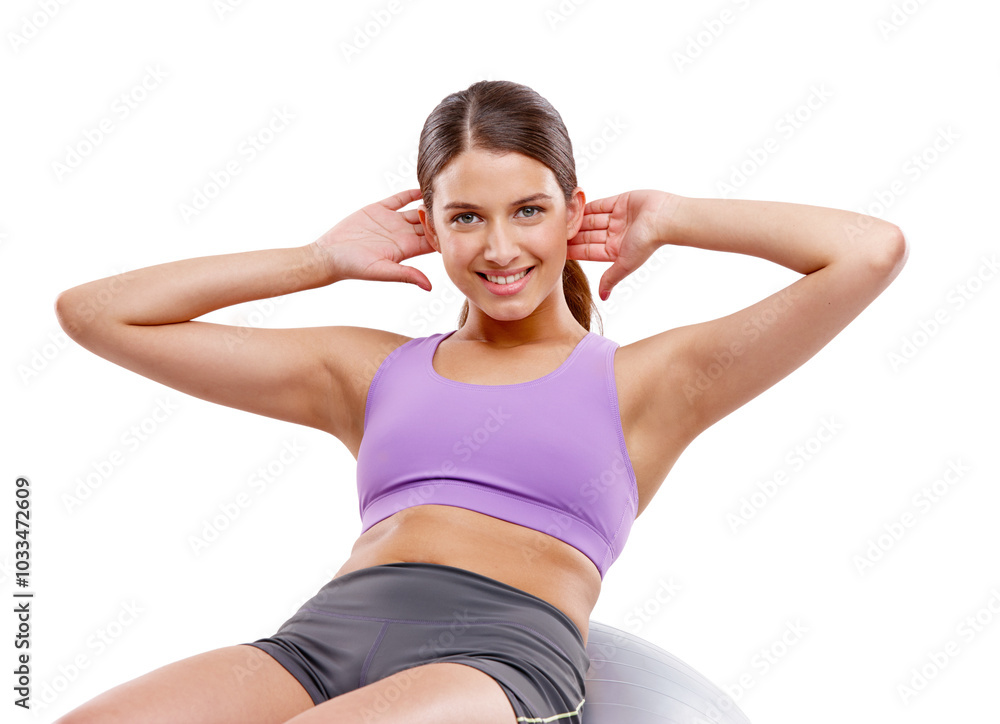 Studio, portrait and woman with ball for sit up, core strength and balance for coordination. Training, workout and female person with fitness to lose weight, exercise wellness and white background Studio, portrait and woman with ball for sit up, core strength and balance for coordination. Training, workout and female person with fitness to lose weight, exercise wellness and white background