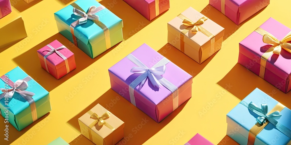 A collection of elegantly wrapped gift boxes on a vibrant background. A collection of elegantly wrapped gift boxes on a vibrant background.