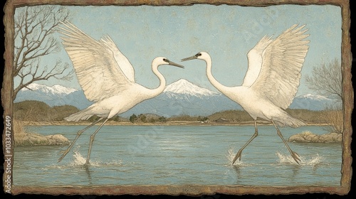 Two White Cranes Flying Over Lake With Mountain Background photo