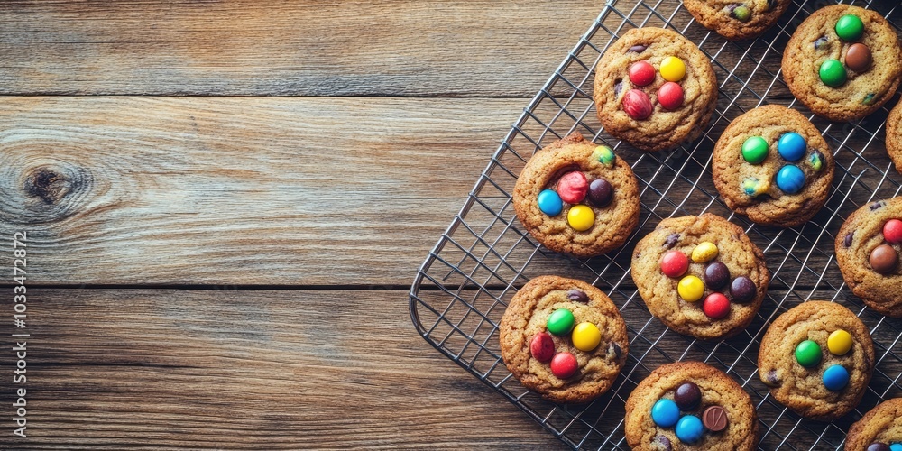 Cookies topped with colorful candies and chocolate chips on a wire rack. Wooden background. Copy space. Toned. Cookies topped with colorful candies and chocolate chips on a wire rack. Wooden background. Copy space. Toned.