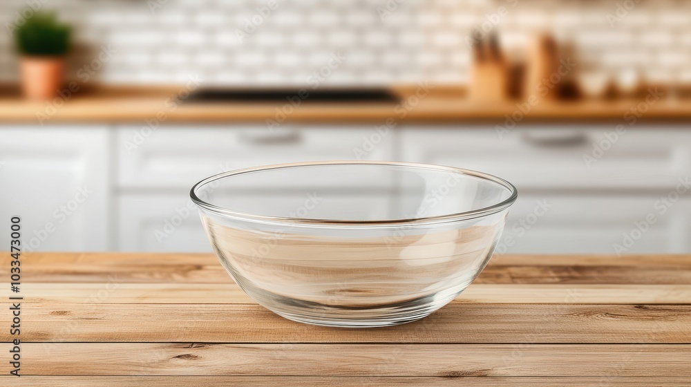 A clear glass bowl sits on a wooden kitchen table, perfect for mixing ingredients or serving delicious dishes. A clear glass bowl sits on a wooden kitchen table, perfect for mixing ingredients or serving delicious dishes.