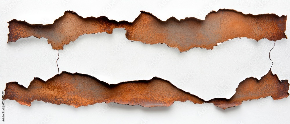 Fototapeta premium A textured, artistic representation showcasing torn edges with a rusty brown color, creating an intriguing visual contrast against a white background.
