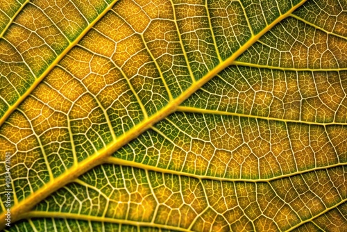 Extreme close-up macro shot of walnut tree leaf texture with yellow vein photo