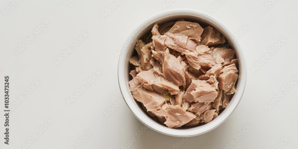 Canned tuna in a white bowl, set against a white background; top view, copy space, soft lighting, studio shot. Canned tuna in a white bowl, set against a white background; top view, copy space, soft lighting, studio shot.