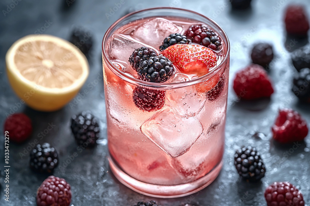 Refreshing berry cocktail served with ice on a dark background Refreshing berry cocktail served with ice on a dark background