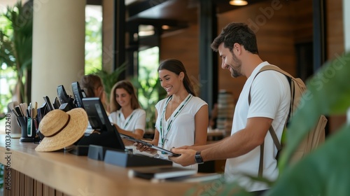 Guests checking in at a tropical resort reception desk, smiling and engaging with staff in a welcoming atmosphere