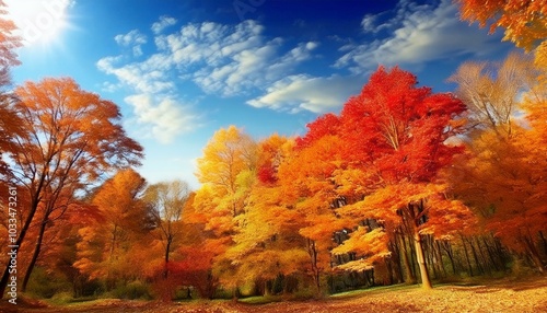 青空の下紅葉したカエデの林