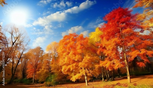 青空の下紅葉したカエデの林