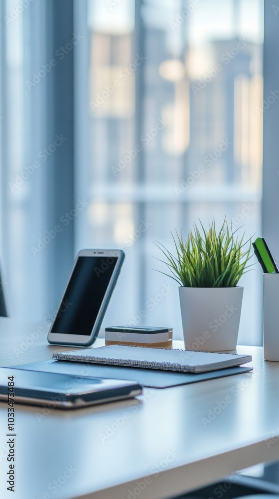 Minimalist Office Desk Setup with Plant and Smartphone