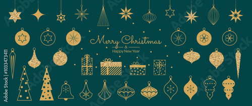 Set of Christmas minimalist golden geometric element or icon in flat linear design. Modern Xmas tree vintage decoration. Vector illustration.