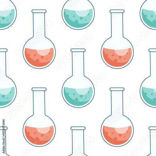 Round flat flasks with colored liquid. Pattern with chemical reaction, research, analysis. Seamless texture