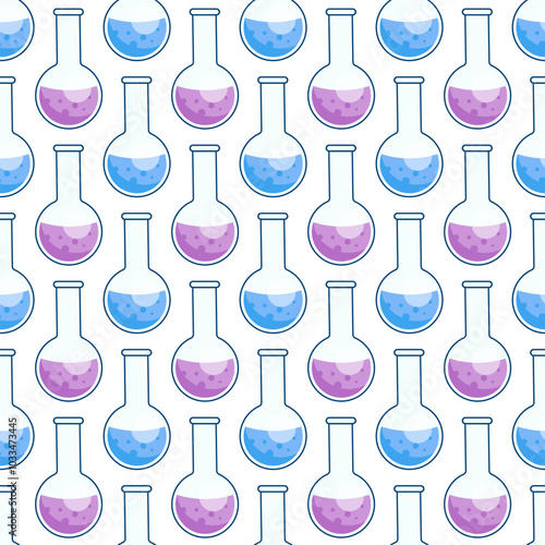 Seamless pattern with round flask and colored liquid. Chemical flask with a reagent. Infinite texture