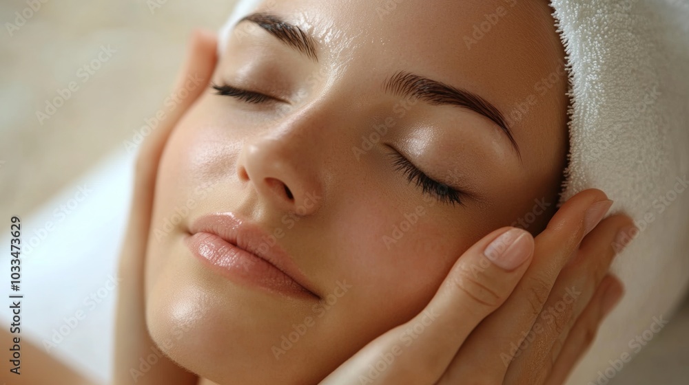Beautiful Woman Receiving Facial Massage with Closed Eyes at Spa
