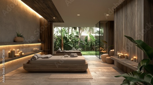 Wallpaper Mural Modern Spa Interior Design with Wooden Walls  Candles and Tropical Garden View Torontodigital.ca