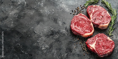 Raw ribeye beef steak seasoned with spices, Black Angus meat with flavorings, set against a gray stone background, top view. photo