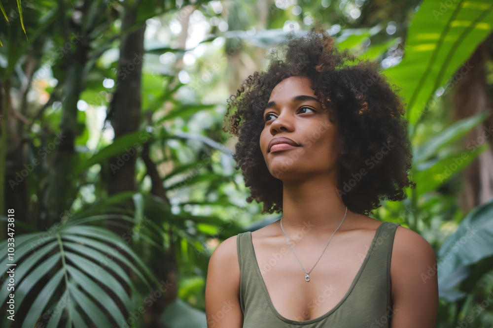 Young environmentalist with an afro hairstyle standing in a tropical forest and contemplating nature Young environmentalist with an afro hairstyle standing in a tropical forest and contemplating nature