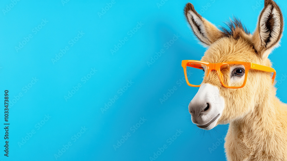 close up portrait of donkey wearing orange glasses against bright blue background, showcasing playful and whimsical expression close up portrait of donkey wearing orange glasses against bright blue background, showcasing playful and whimsical expression