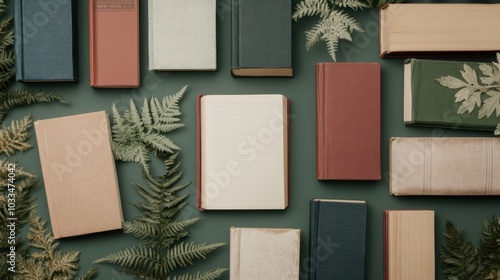 A beautiful arrangement of vintage books surrounded by greenery, creating a serene and inspiring reading atmosphere.